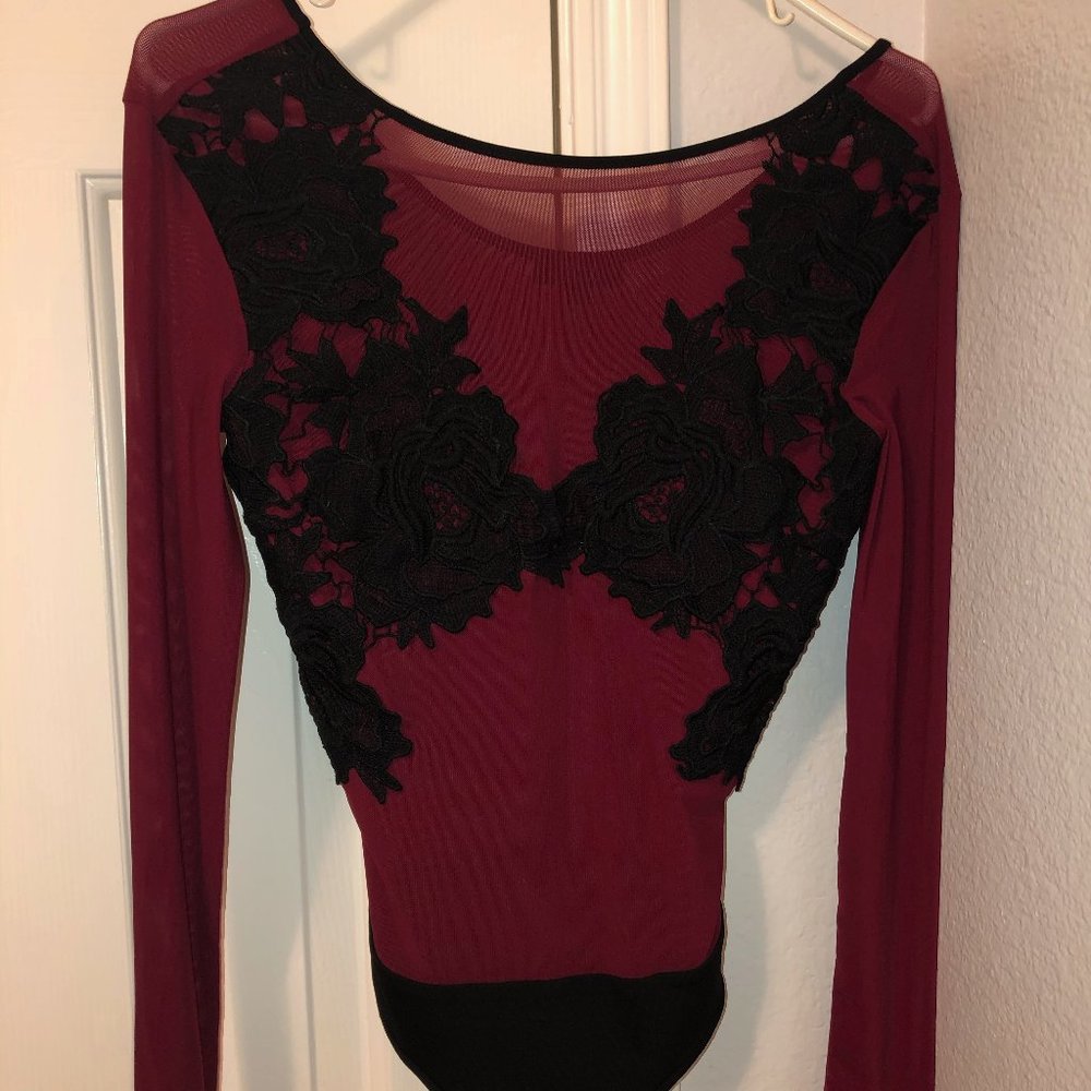Red Bodysuit W/ Black Flowers - Small